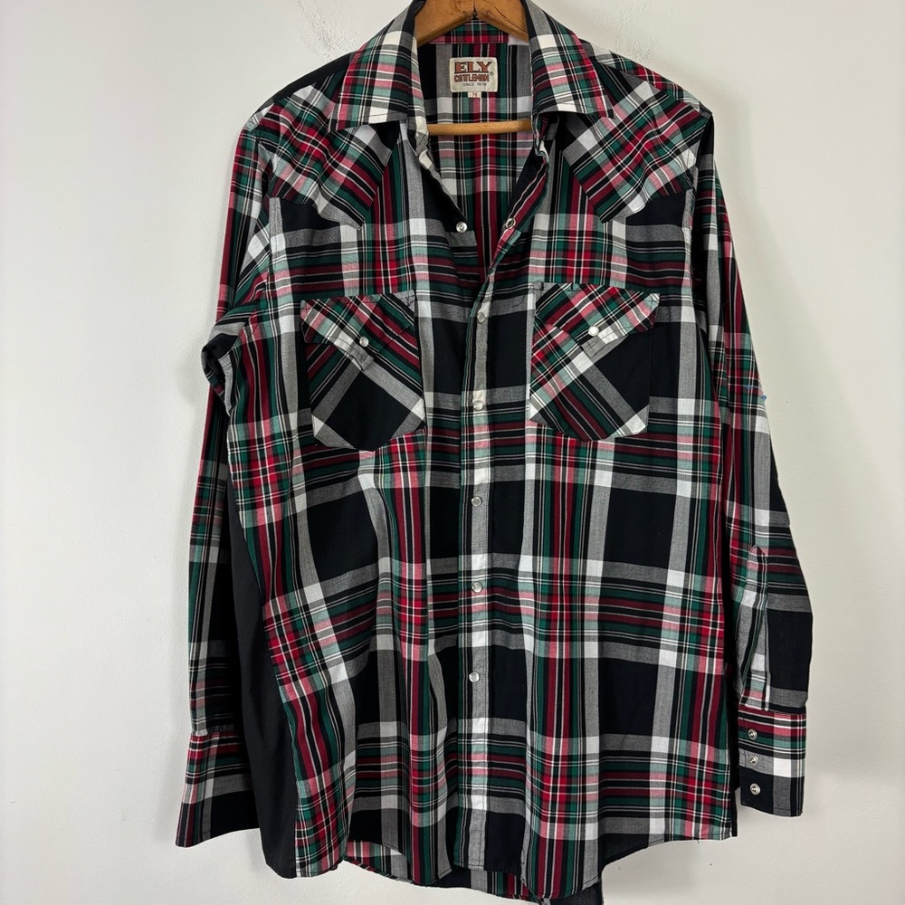 Vintage Ely Cattleman Pearl Snap Button Up Mens M Black Red Plaid Cowboy Ranch